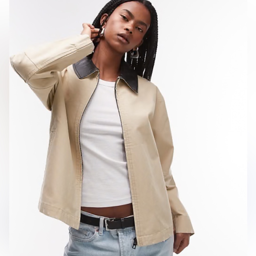 Mango Beige chore Jacket with Black leather Contrast Collar - Picture 2 of 9